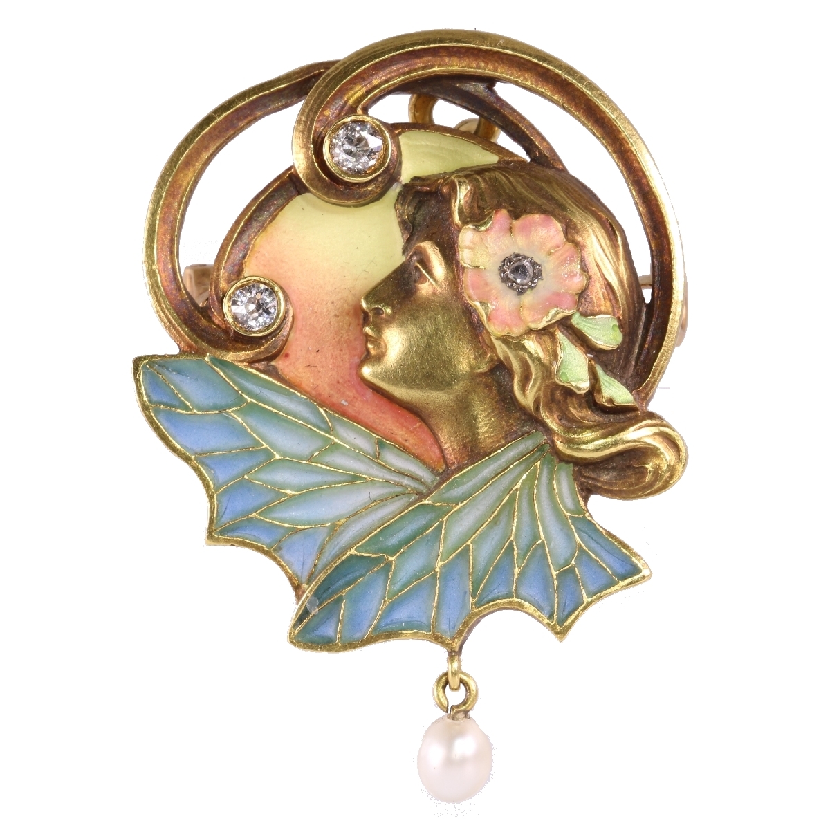 High quality Art Nouveau pendant/brooch with plique a jour enamel